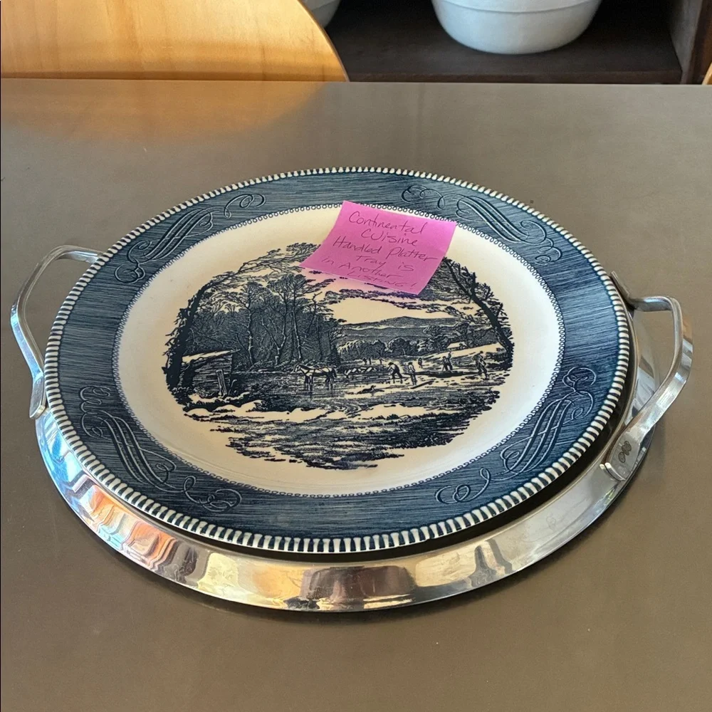 Vintage Currier Ives Blue Royal Round Platter 12” Chop Plate Winter GETTING ICE